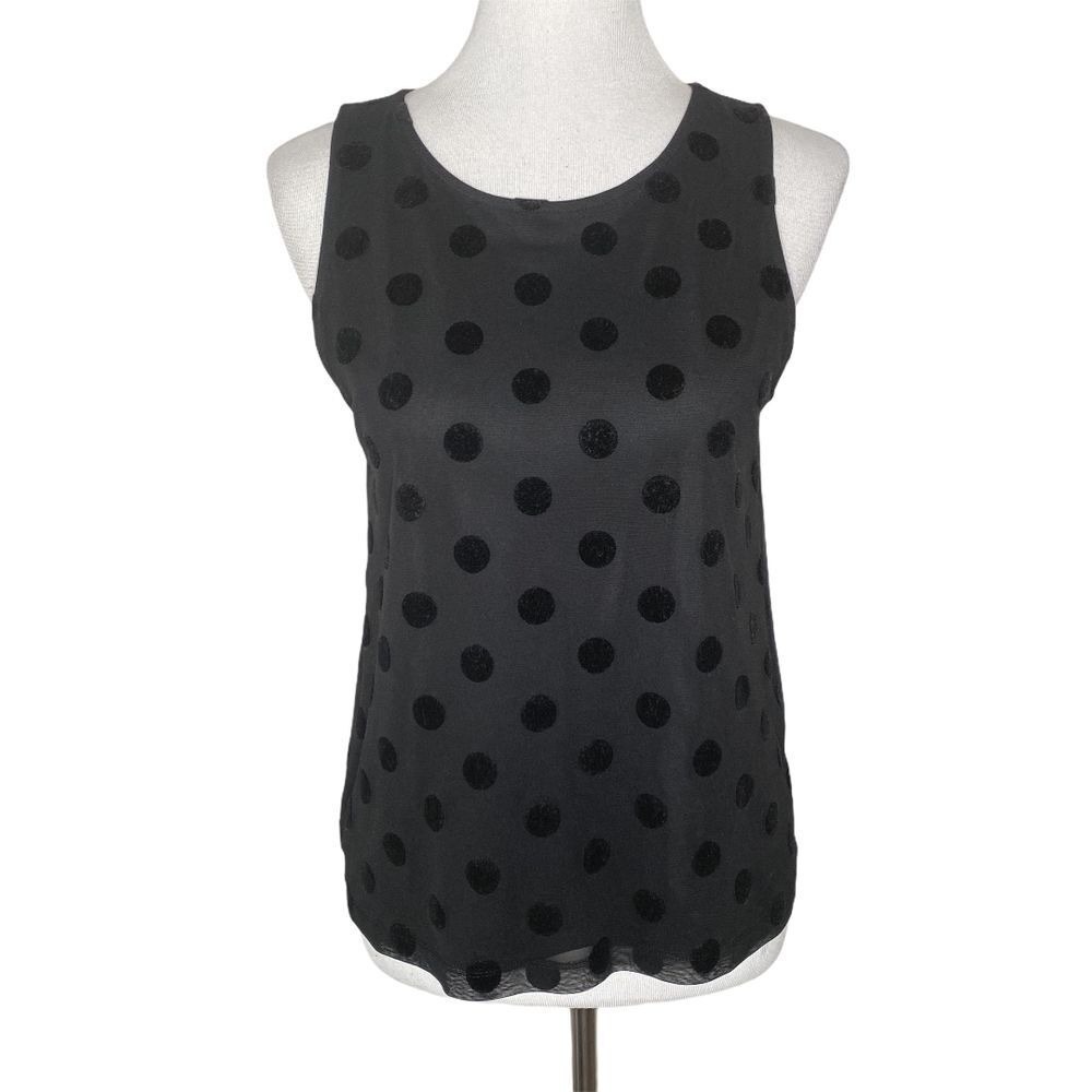 J Crew Black Velvet Flocked Polka Dot Sheer Mesh Top Shell‎ Womens S Layering